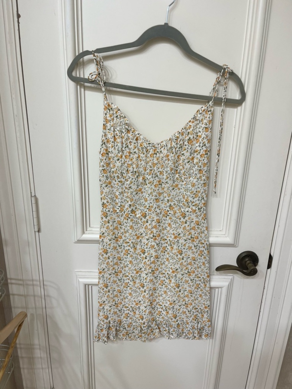 Reformation Floral Tie-Strap Mini Dress in White and Mustard